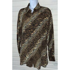 VTG Piano Sz XL 100% Silk Blouse Brown Khaki Leopard Stripes L/S Button Up EUC